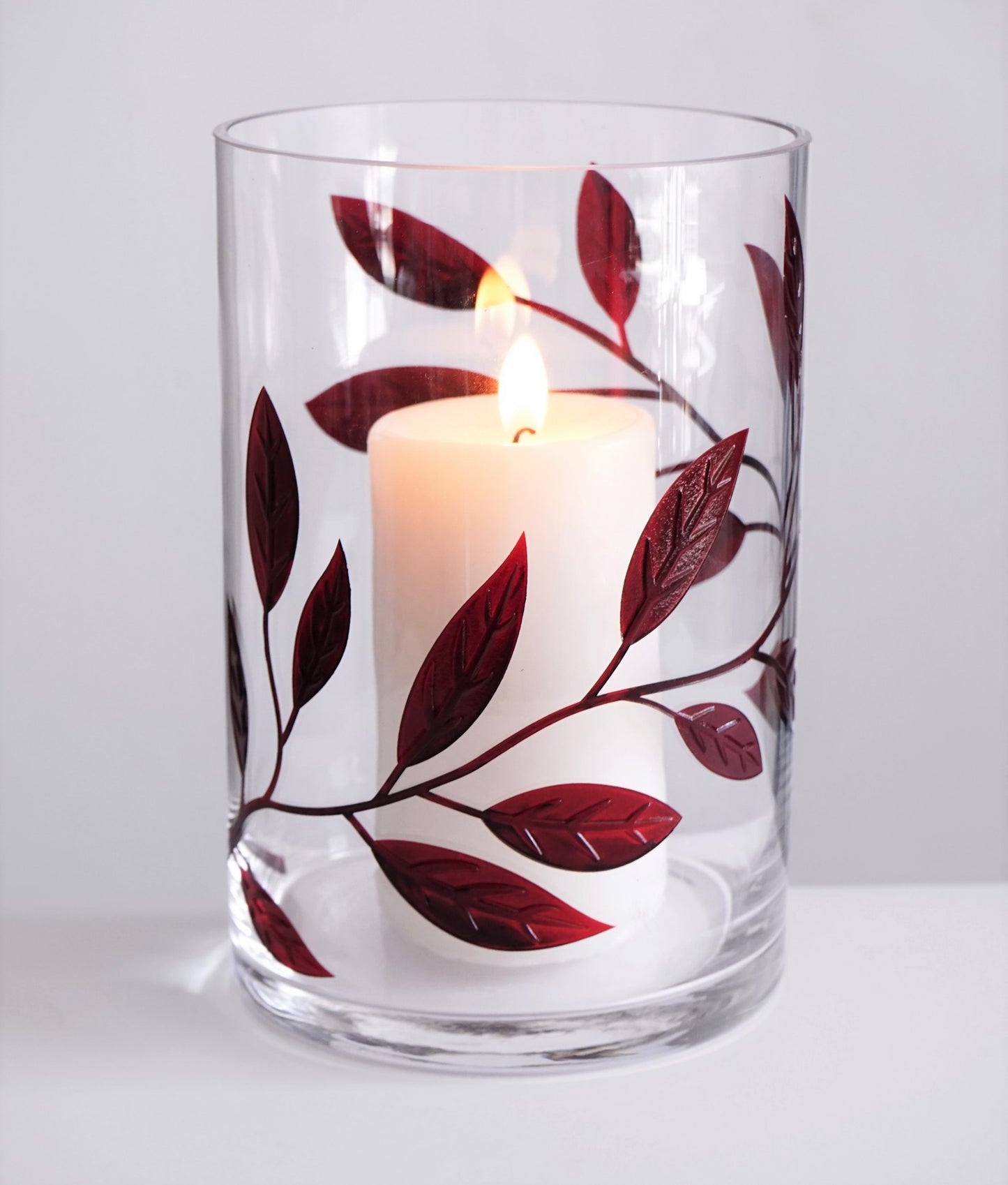 Decorative Hurricane Candleholder with Etched & Painted Leaves - Elegant Home Wedding Decor - Mouth Blown Thick Glass - 8.7 in (22 cm) (Red)