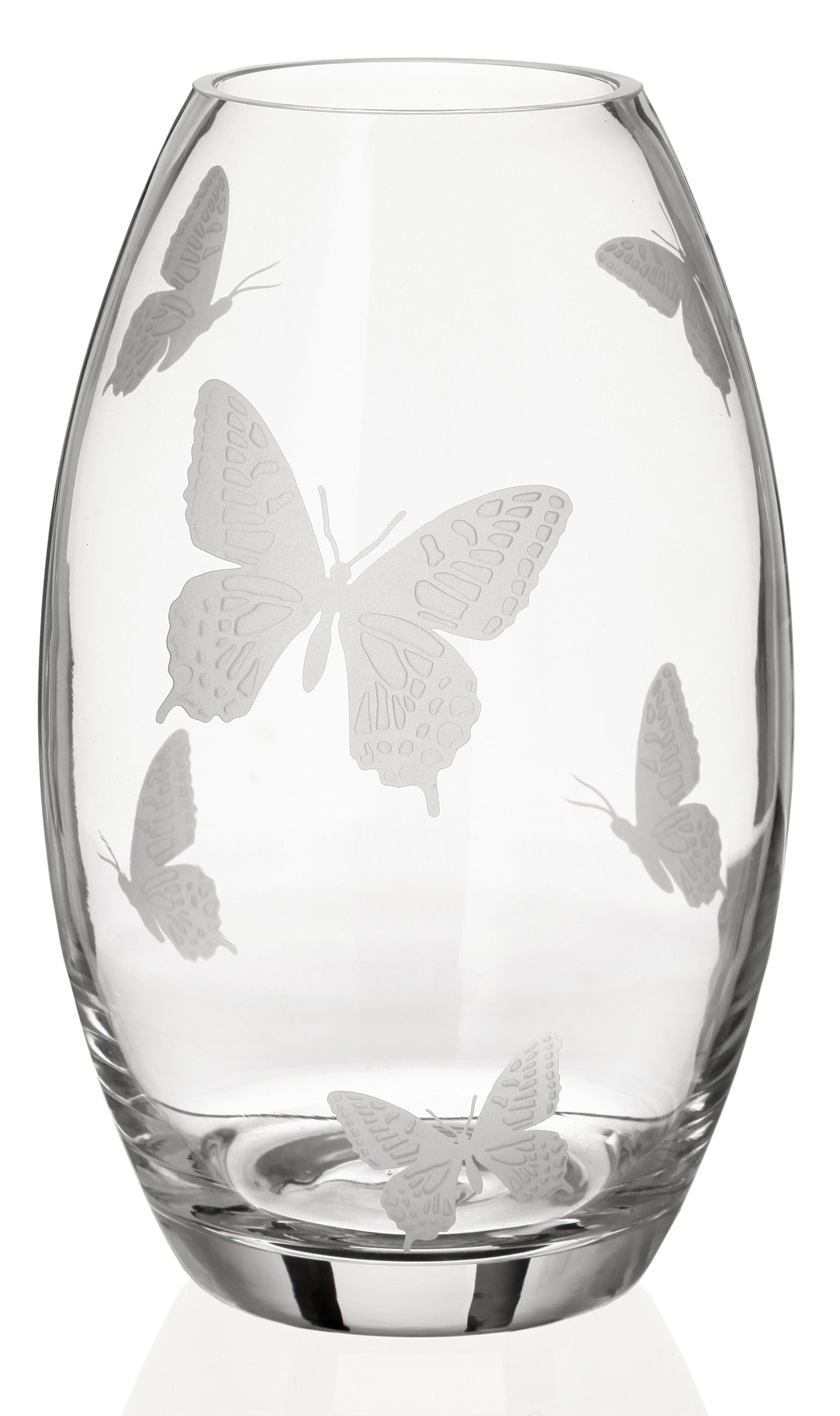 Butterfly Vase - Luxury Hand Blown Glass Vase - Etched Butterflies on Clear Glass - Satin Gift Box - 9.1 in (23 cm)