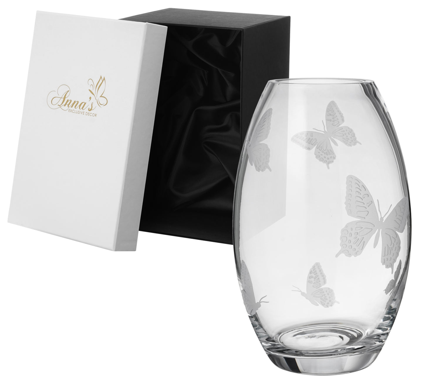 Butterfly Vase - Luxury Hand Blown Glass Vase - Etched Butterflies on Clear Glass - Satin Gift Box - 9.1 in (23 cm)