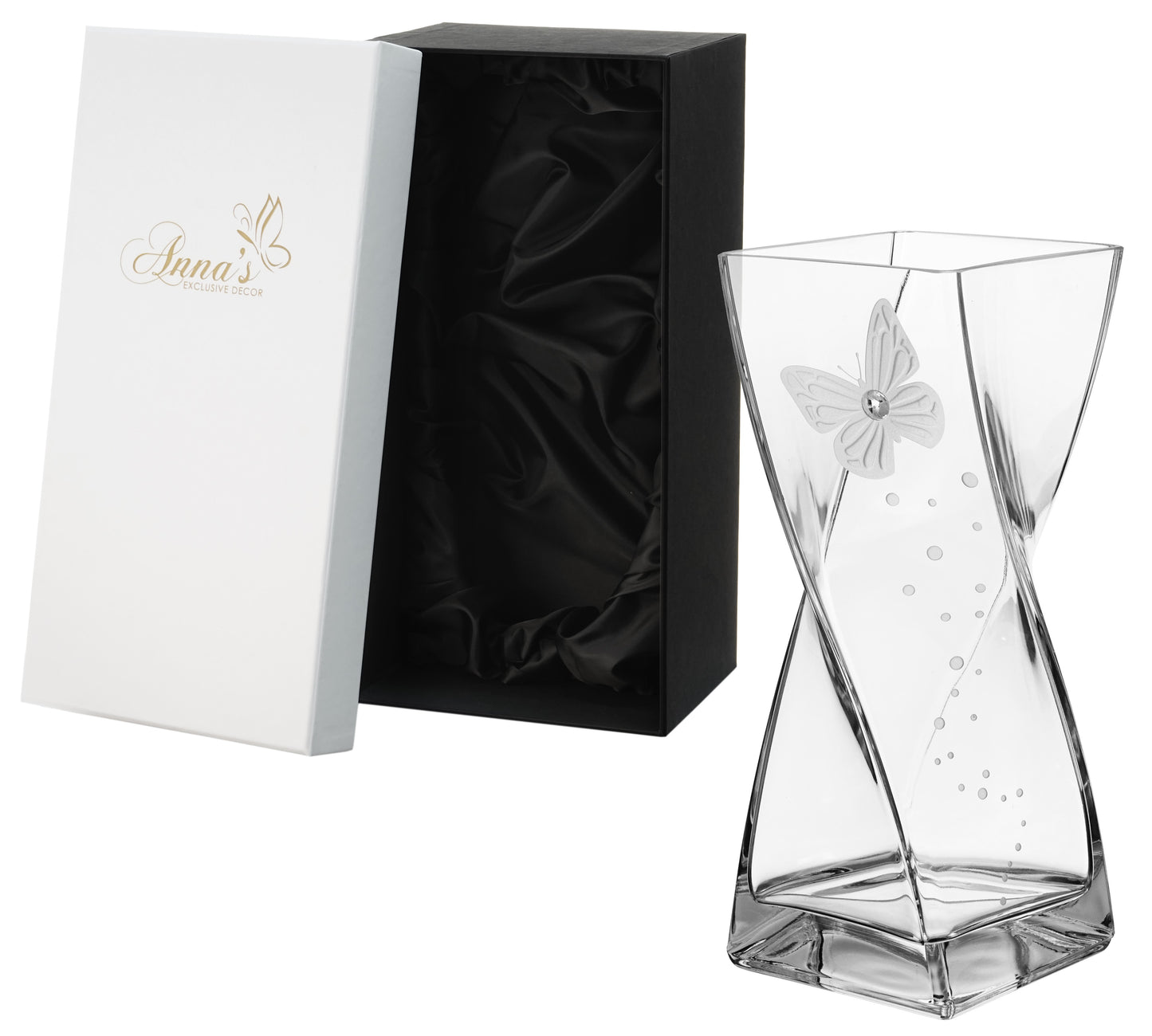 Butterfly Vase - Luxury Hand Blown Glass Vase - Crystal from Swarovski & Etched Butterfly, Clear Glass - 11.8 in (30 cm)