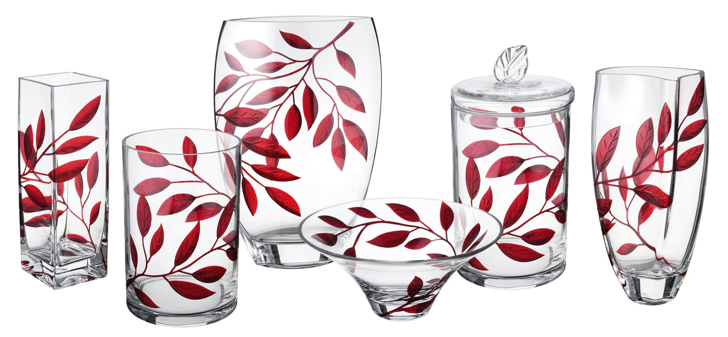 Decorative Hurricane Candleholder with Etched & Painted Leaves - Elegant Home Wedding Decor - Mouth Blown Thick Glass - 8.7 in (22 cm) (Red)