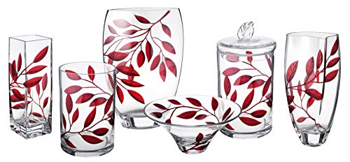 Large Hand Blown Glass Vase 30 cm - Etched & Painted Ruby Leaves Decor -  Almond Schape Vase Red -11.8 in