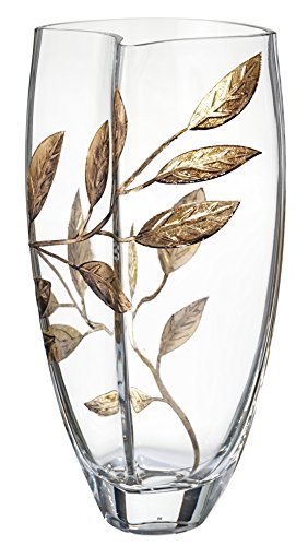 Luxury Hand Blown Glass Vase - Etched & Painted Gold Leaves - Unique Shape  Vase Gold - 11.4 in (29 cm)