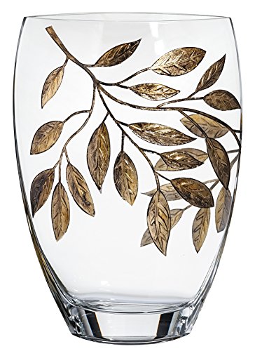 Large Hand Blown Glass Vase 30 cm - Etched & Painted Gold Leaves Decor -  Almond Shape Vase Gold - 11.8 in