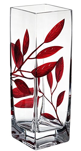 Luxury Hand Blown Glass Vase - Etched & Painted Ruby Leaves - Square V