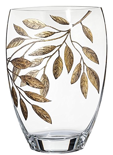 Large Hand Blown Glass Vase 30 cm - Etched & Painted Gold Leaves Decor -  Almond Shape Vase Gold - 11.8 in